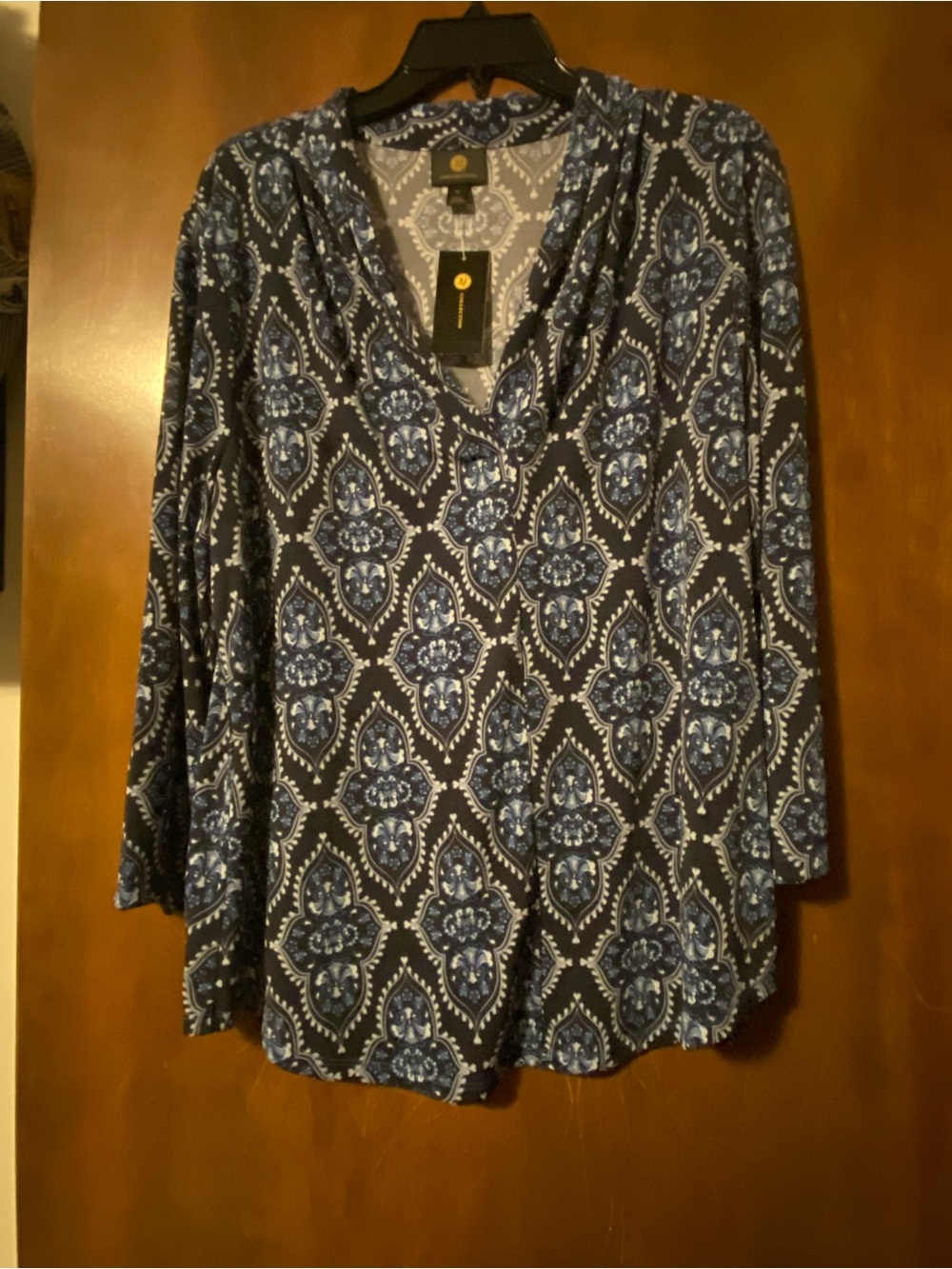 JM Collection Navy and Light Blue Patterned V-Neck Blouse